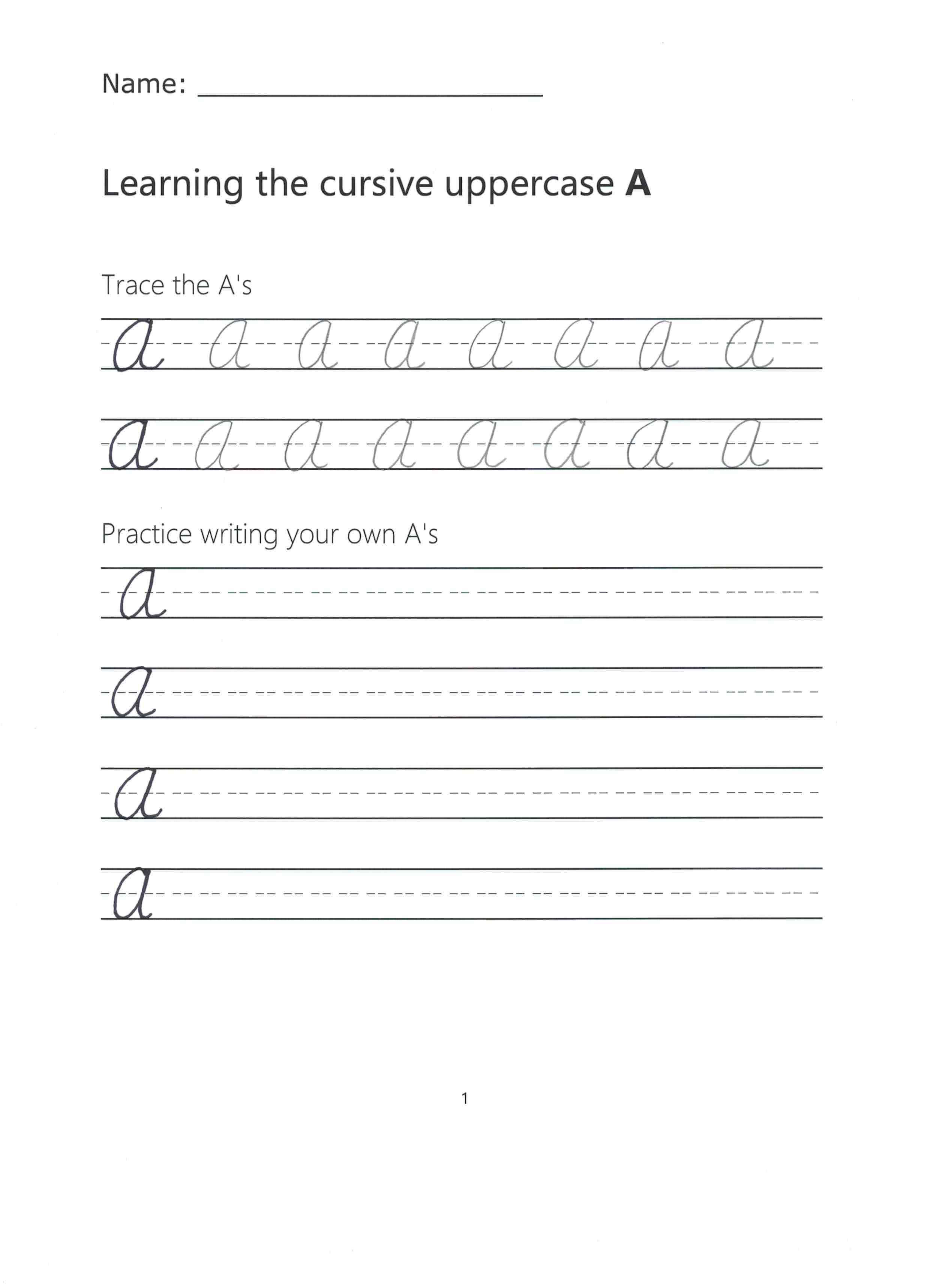 Capital A Worksheet - Cursive Capital A practice worksheet